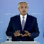 In this photo taken from video shown at United Nations headquarters, Argentina's President Alberto FernÃ¡ndez remotely addresses the 76th session of the U.N. General Assembly in a pre-recorded message, Tuesday Sept. 21, 2021 at UN headquarters. (UN Web TV via AP)
