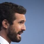 Pablo Casado durante una rueda de prensa para hacer balance del año 2020 en la sede de Genova