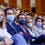 El secretario general del PP, Teodoro García Egea, junto a Pablo Casado y la número tres del partido, Ana Beltrán en la convención del PP en Valencia