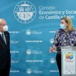 La consejera de Familia e Igualdad de Oportunidades, Isabel Blanco, inaugura el II Foro Social del Grupo de Enlace CESCYL, junto a su presidente, Enrique Cabero