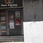 Imagen de la entrada con restos de la zona quemada en la entrada a la oficina de Ponts D'Igualtat, la asociación LGTBI de Alcoi (Alicante)
