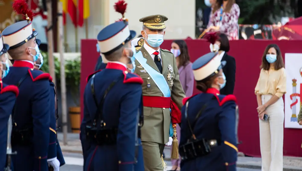 Día de la Hispanidad, desfile militar del 12 de Octubre. Presencia de los Reyes con la princesa Sofía, Pedro Sanchez, y los distintos ministros y ministras del Gobierno junto a otras autoridades.