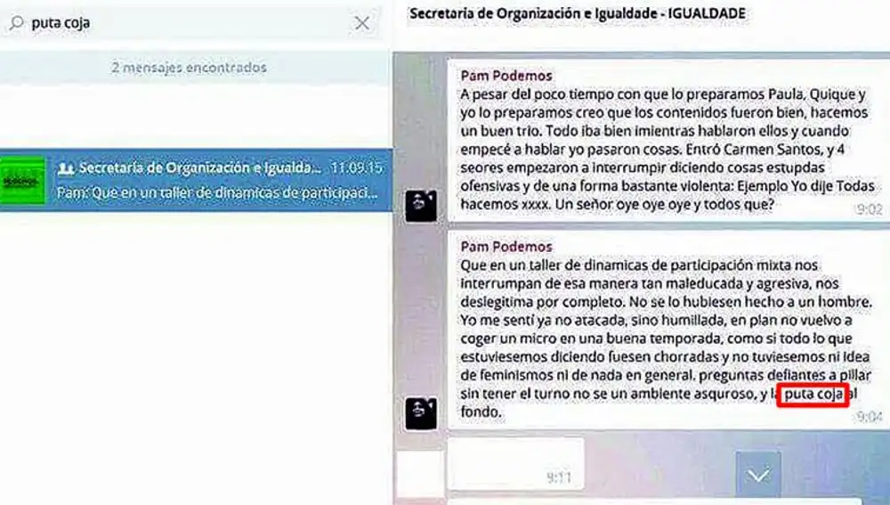 Captura de pantalla del chat de grupo donde Ángela Rodríguez insultó a una compañera de partido.