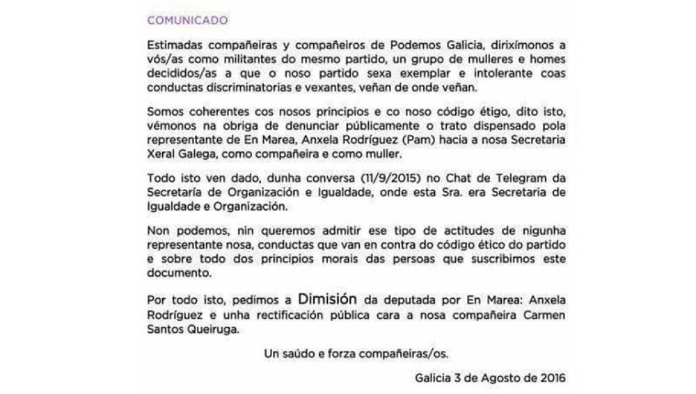 Comunicado interno de Podemos Galicia, donde se pedía la dimisión de Ángela Rodríguez