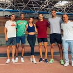 Bruno Hortelano, San Millán, Estela García, Alberto Muñoz, Mark Ujakpor y el entrenador Pedro Jiménez