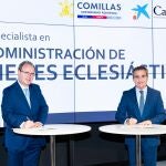 Enrique Sanz Giménez-Rico (izquierda), SJ, rector de la Universidad Pontificia Comillas, y Rafael Herrador Martínez, director territorial Madrid Metropolitana CaixaBank
