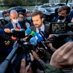 El líder del PP, Pablo Casado, ayer en un desayuno informativo en Madrid