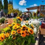 Imagen de archivo de venta de flores en un cementerio. 
