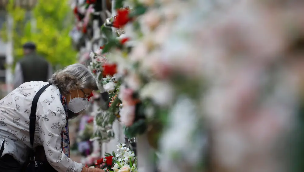 Una mujer coloca flores en la tumba de un familiar en el cementerio de San Rafael de Córdoba, durante la celebración del Día de todos los Santos. EFE/Salas