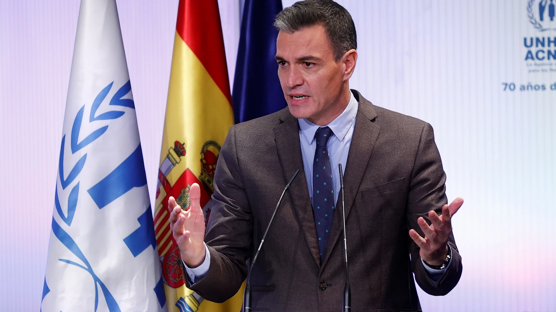 MADRID, 08/11/2021.- El presidente del Gobierno, Pedro Sánchez, interviene en el acto conmemorativo del 70º aniversario de la Convención de 1951 sobre el Estatuto de los Refugiados