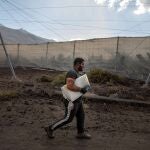 Un agricultor del plátano se dirige a recoger plataneras cubiertas de ceniza, en una finca de Fuencaliente, a 9 de noviembre de 2021, en La Palma, Santa Cruz de Tenerife, Canarias (España).