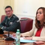 La delegada del Gobierno en Castilla y León, Virginia Barcones, y el teniente coronel jefe de la Comandancia de la Guardia Civil de León, Julio Andrés Gutiérrez, informansobre la detención de seis personas pertenecientes a una organización dedicada a la explotación sexual de dos mujeres