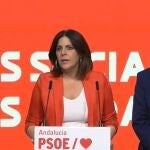 La portavoz del Grupo Parlamentario Socialista, Ángeles Férriz, y el secretario de Transformación Económica y Digital del PSOE de Andalucía, Gaspar Llanes, este martes en rueda de prensa