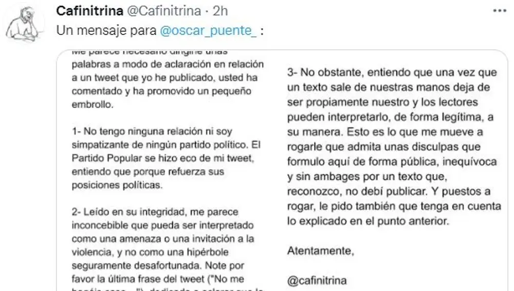 Mensaje en el que el usuario que escribió el mensaje en el que se animaba a "acabar con el alcalde al estilo Mussolini" pide disculpas a Óscar Puente.TWITTER-@CAFINITRINA19/11/2021