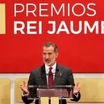 El rey Felipe VI durante su intervención en el acto de entrega los Premios Rei Jaume I 2021 que tiene lugar este viernes en la Lonja de la Seda. EFE/Biel Aliño