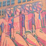 Detalle de un mosaico de la era soviética en Kharkiv, Ucrania