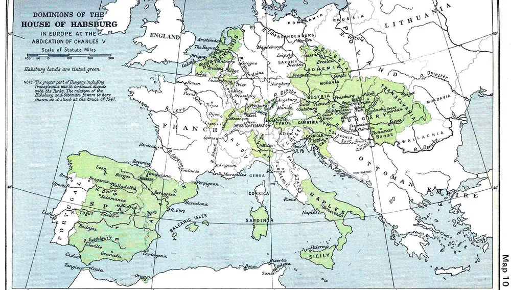 Mapa con los dominios de la dinastía de los Austrias durante el siglo XVI