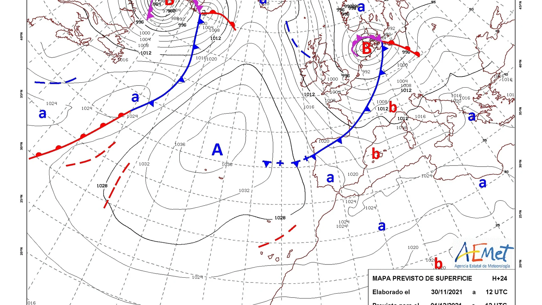 Mapa de isobaras facilitado por la Aemet previsto para el 01/12/2021