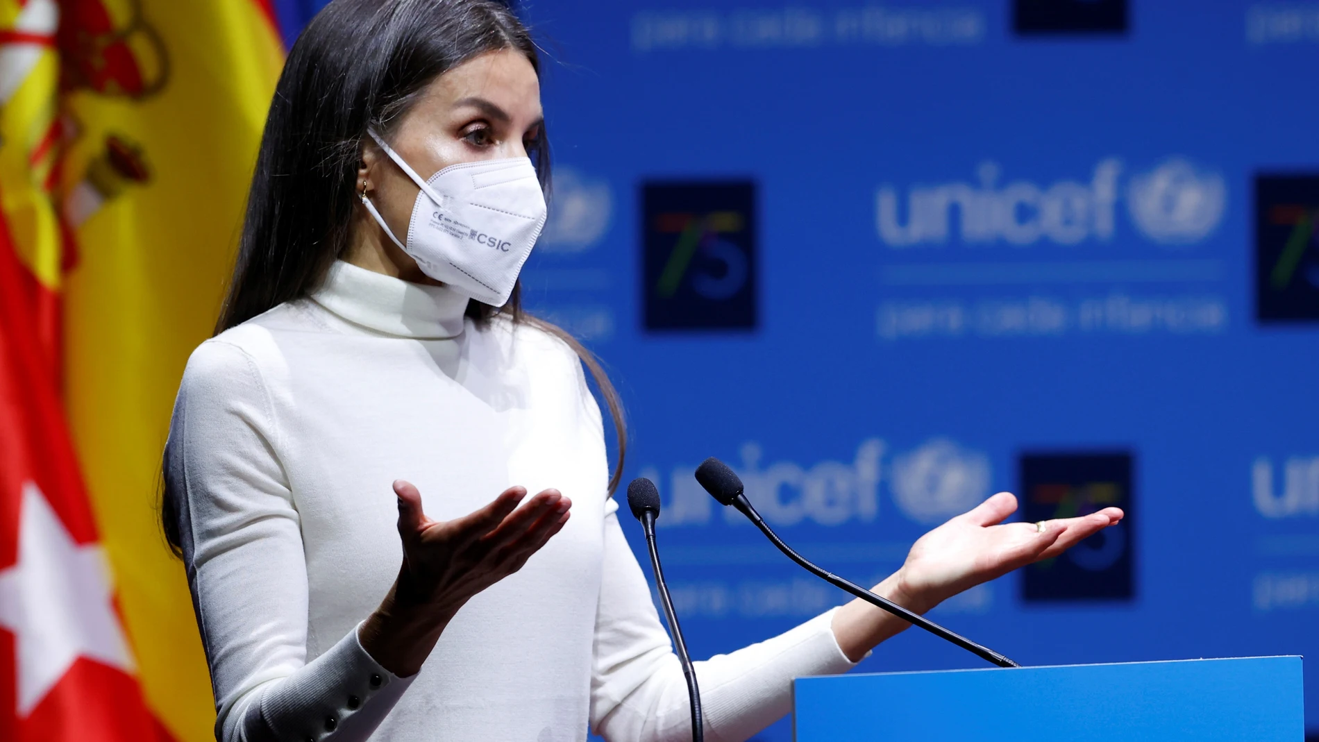 MADRID, 09/12/2021.- La reina Letizia preside el acto central del 75 aniversario de UNICEF, en el que se profundizará en el desafío para la infancia en la era pos-COVID-19, este jueves. EFE/ J.J. Guillen