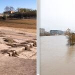 A la izquierda, la imagen del río Júcar, seco en la desembocadura y a la derecha, el Ebro a su paso por Zaragoza
