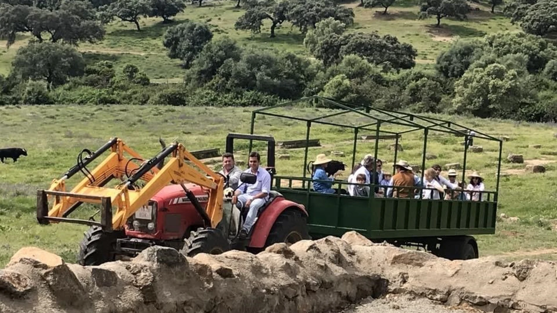 Un remolque tirado con tractor para transportar a las personas que optan por una visita a la explotación ganadera de toros bravos Soto de la Fuente. EFE/Ganadería Soto de la Fuente