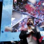 Chile's President elect Gabriel Boric, of the "I approve Dignity" coalition, celebrates his victory in the presidential run-off election ,Â in Santiago, Chile, Sunday, Dec. 19, 2021. (AP Photo/Luis Hidalgo)