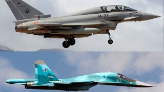 Un caza Eurofighter del Ejército español y el cazabombardero ruso Sukhoi Su-34