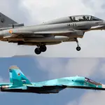 Un caza Eurofighter del Ejército español y el cazabombardero ruso Sukhoi Su-34