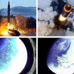 Una foto publicada por la Agencia Central de Noticias de Corea del Norte (KCNA) oficial de la prueba de fuego de evaluación del misil Hwasong 12-tipo tierra a tierra, un misil balístico de medio y largo alcance lanzado bajo un plan de la Academia de Ciencias de la Defensa. El captó estas fotos desde el espacio