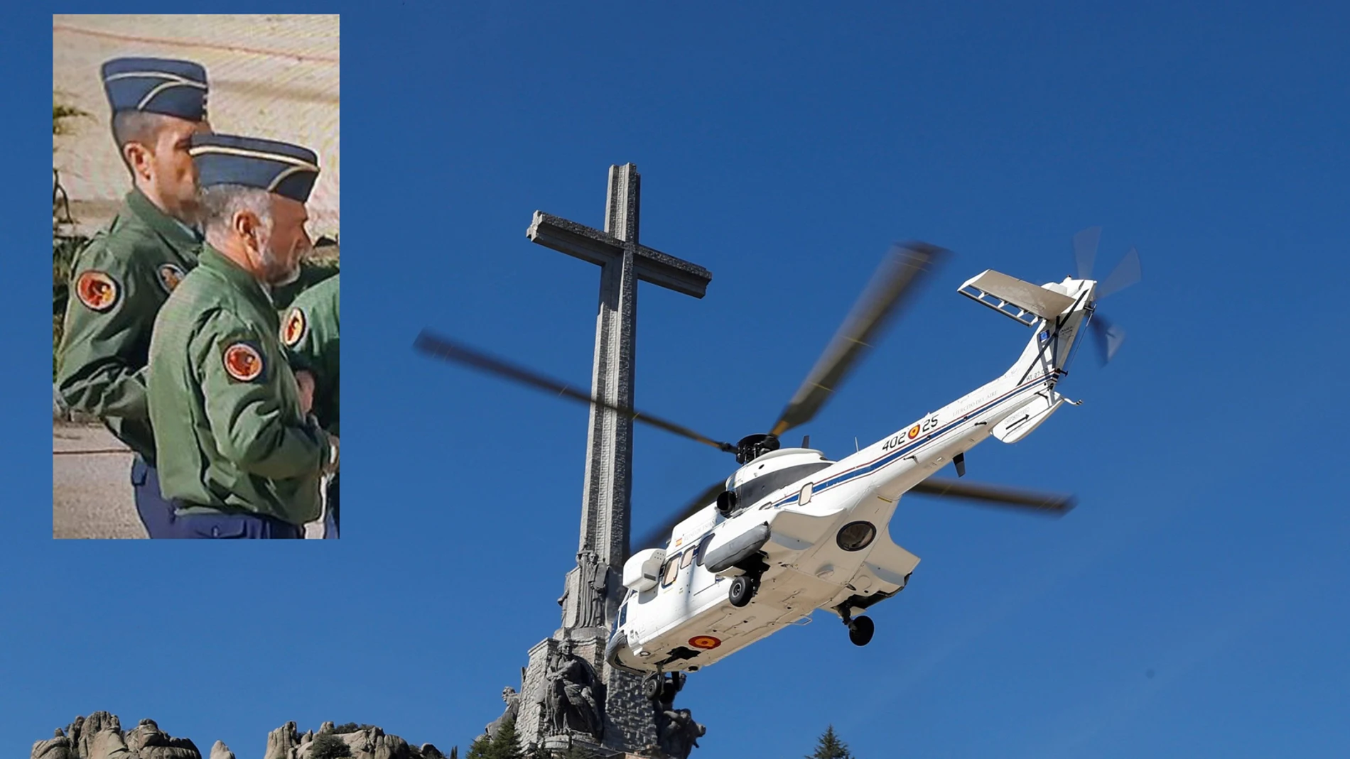 Vista del helicóptero que trasladó los restos de Franco tras su exhumación. Alfonso Reyes es el militar en primer plano en el recuadro