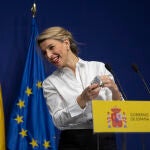 Yolanda Díaz, durante la última rueda de prensa sobre el salario mínimo