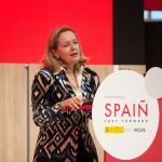 La vicepresidenta primera y ministra de Asuntos Económicos y Transformación Digital, Nadia Calviño, durante su intervención en el MWC 2022