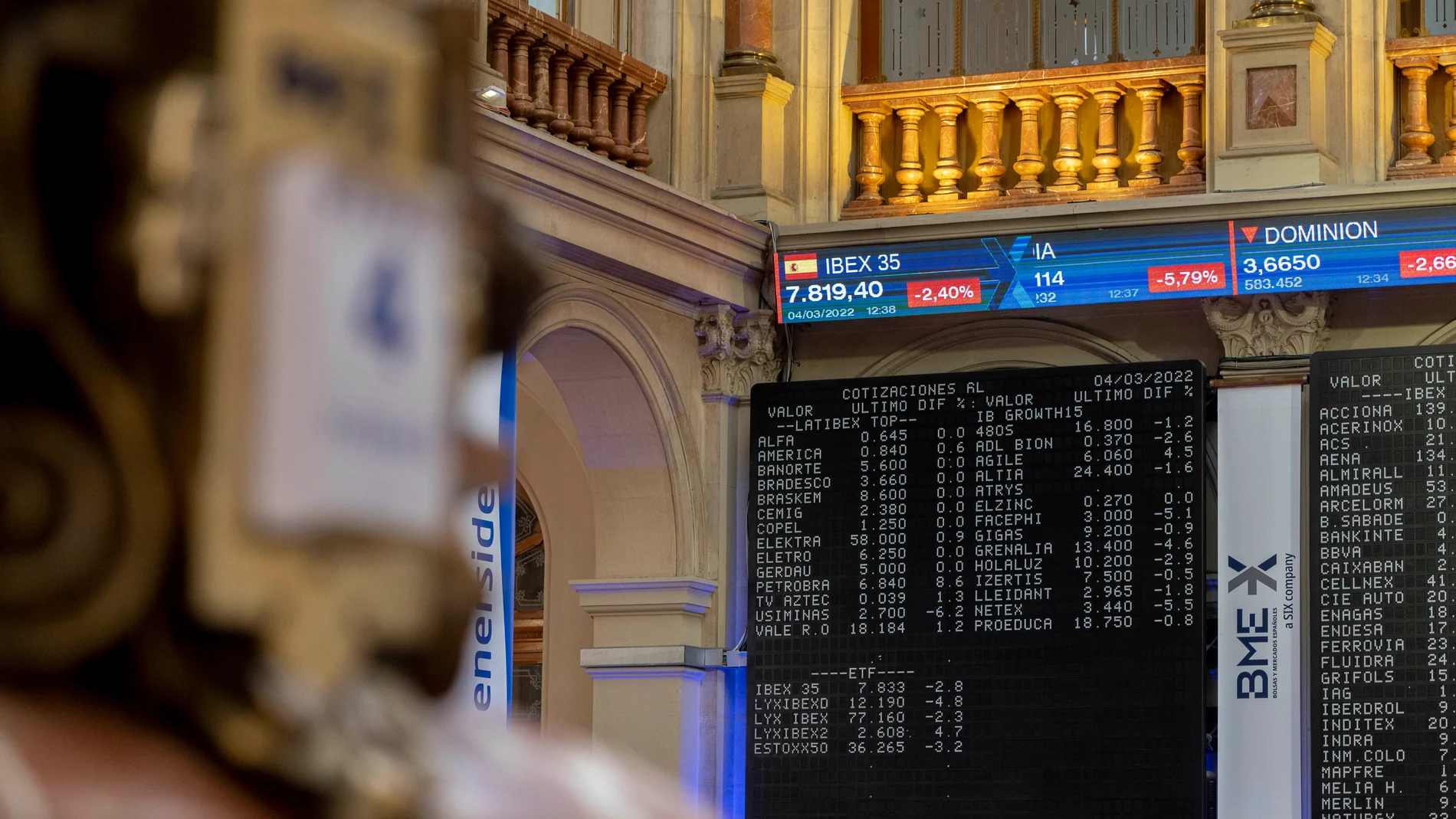 Varios paneles del Ibex 35 en el Palacio de la Bolsa