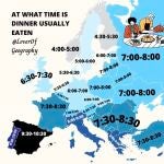 Mapa con los horarios de la cena de los países de Europa