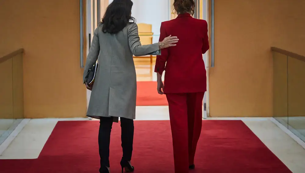 Isabel Díaz Ayuso, durante una reunión el pasado marzo con la portavoz del Grupo Parlamentario de Vox, Rocío Monasterio