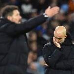 Guardiola y Simeone, durante el Manchester City - Atlético de Madrid de la Champions