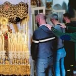 Monchi, durante el tallaje, junto a la Virgen de los Dolores de San Fernando
