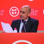 Luis Rubiales, President of RFEF (Real Spanish Soccer Federation) during press conference at Ciudad del Futbol on April 20, 2022 in Las Rozas, Madrid, Spain.