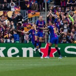 Aitana Bonmati celebra uno de los goles del Barça ante el Wolfsburgo
