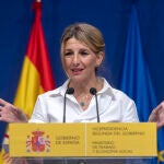La vicepresidenta segunda y ministra de Trabajo y Economía Social, Yolanda Díaz, comparece tras una reunión con los responsables de las asociaciones de autónomos UPTA, ATA y Uatae