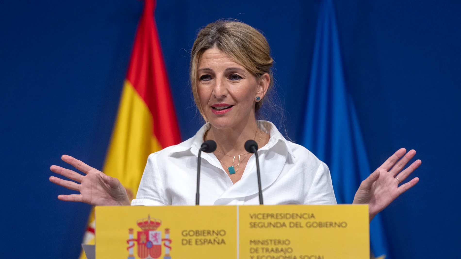 La vicepresidenta segunda y ministra de Trabajo y Economía Social, Yolanda Díaz, comparece tras una reunión con los responsables de las asociaciones de autónomos UPTA, ATA y Uatae