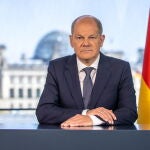 El canciller alemán Olaf Scholz durante su discurso grabado sobre el Día de la Liberación del nazismo