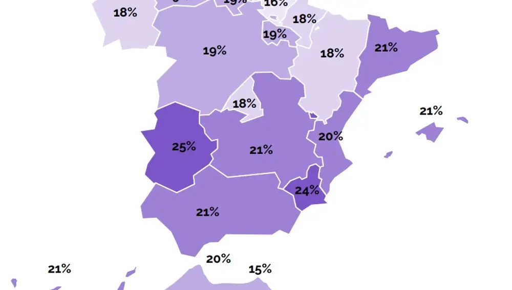 Mapa del índice de fumadores diarios por comunidad de la Asociación Española Contra el Cáncer en el informe: "Impacto del cáncer en España"