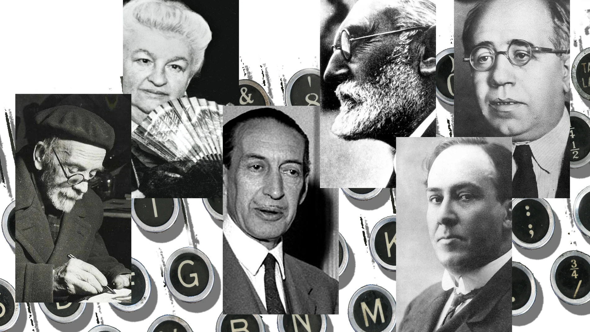 De izda. a dcha., Pío Baroja, Emilia Pardo Bazán, César González-Ruano, Miguel de Unamuno, Antonio Machado y Manuel Azaña