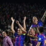 Barcelona players celebrate their win against Real Madrid during the Women's Champions League quarter final, second leg soccer match between Barcelona and Real Madrid at Camp Nou stadium in Barcelona, Spain, on March 30, 2022. Ada Hegerbergâ€™s comeback season has her and her Lyon teammates back in yet another Womenâ€™s Champions League final. The seven-time champions will face defending titlist Barcelona in Turin on Saturday in a repeat of the 2019 final.
