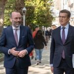 El líder del PP, Alberto Núñez Feijóo, junto al presidente del Grupo Popular Europeo, Manfred Weber