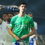 Courtois, en la fiesta de celebración de la Liga de Campeones en el Bernabéu