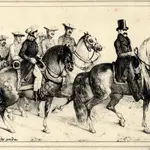 Don Carlos y su acompañamiento, litografía del Álbum de las tropas carlistas del norte (1844) por Fernando Miranda (fl. 1842-1862)
