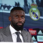 Antonio Rüdiger, durante su primera rueda de prensa como futbolista del Real Madrid