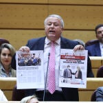 El diputado del PP Francisco Martín Bernabé (c) interviene durante la sesión de control al Gobierno, este martes en el Senado. EFE/ Kiko Huesca